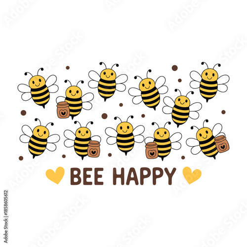 Cute Honey Bee Illustration Set with Bee Happy Text, Hearts, and Honey Pots for Kids Nursery Decor