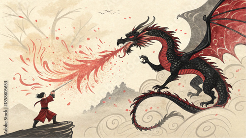 This epic ink wash painting portrays a legendary battle between a hero and a mythical creature.