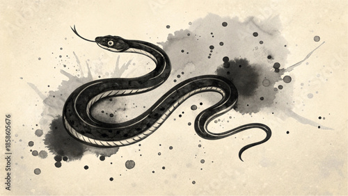 This minimalist ink wash illustration features a serpent in a traditional Asian artistic style.
