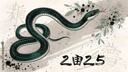 Traditional calligraphy and a winding serpent celebrate the lunar new year 2025.