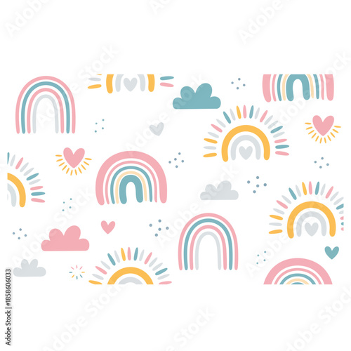 Cute scandinavian childish seamless pattern with trendy hand drawn rainbows