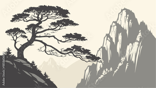 Stylized ink painting of rugged peaks and a windswept pine.