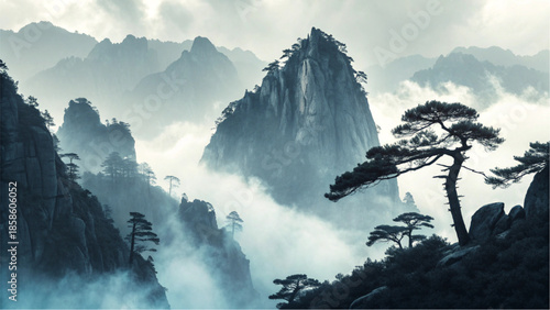 A solitary pine tree overlooks a breathtaking misty valley.