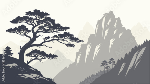 Silhouetted mountains and trees create a layered landscape effect.
