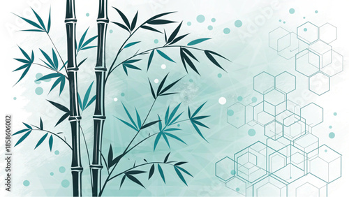 Abstract fusion of traditional bamboo art and digital technology motifs.