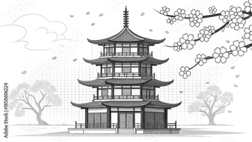Detailed architectural line drawing of a Japanese pagoda with cherry blossom branches on the side.