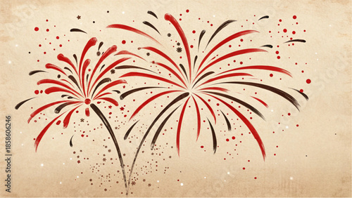 Artistic red and black strokes depict a festive firework display.