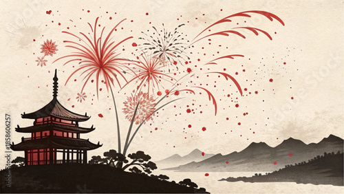 A traditional pagoda sits beneath a sky filled with red fireworks.