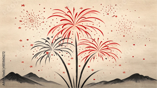 Red and black explosions create a rhythmic pattern in the sky.