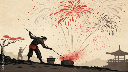 An ancient technique of creating fireworks is captured in ink style.