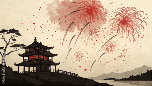 Red bursts of light reflect the spirit of a traditional celebration.