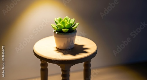 Still life of small potted succulent on a round wooden stool under lighting