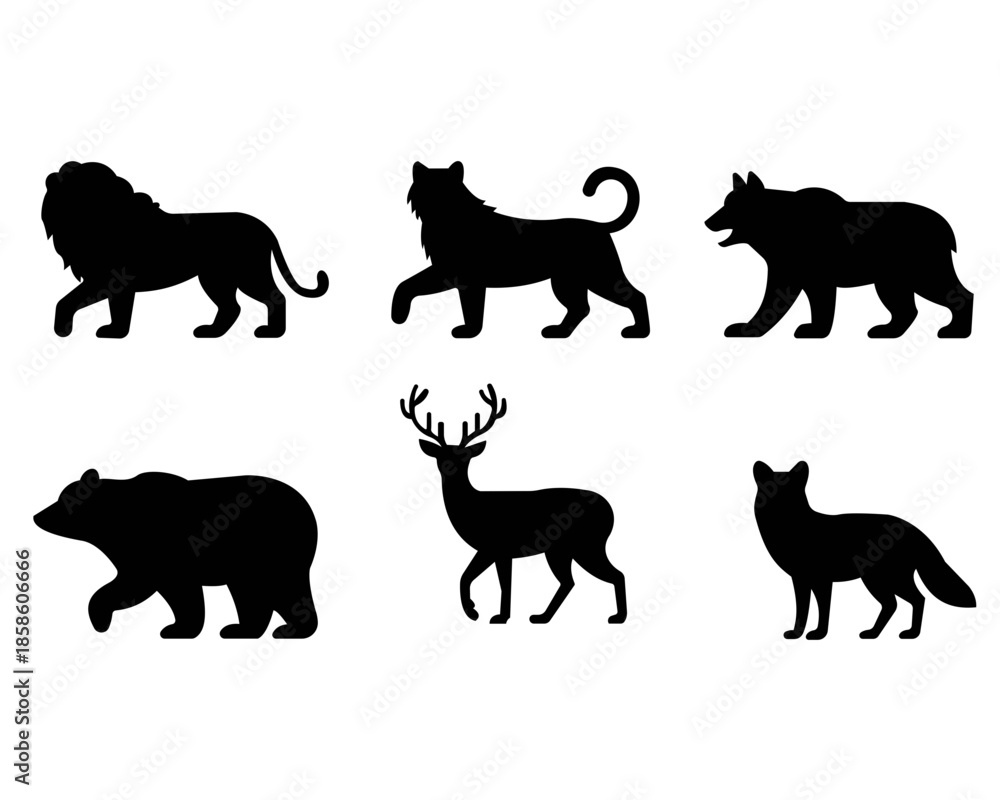 Fototapeta premium Wild Animal Silhouette Set Lion, Tiger, Bear, Deer and Wolf Vector Icons