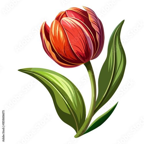 Red Orange Tulip Flower with Green Leaves Botanical Illustration