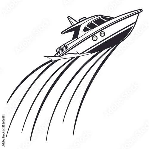Speedboat Illustration: Capturing the essence of speed and marine adventure, a sleek speedboat slices through the water with dynamic trails, embodying power and freedom.