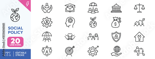 Social policy line icons set for community and government