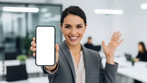 Cheerful businesswoman showing mobile phone