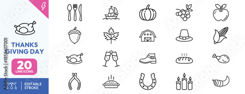 Thanksgiving Day icons set including turkey, food, and fall symbols