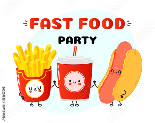 Cute fast food characters having a party poster