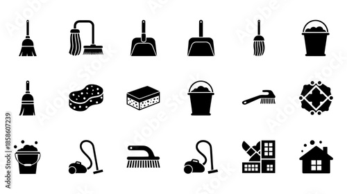 Household cleaning tools icon set
