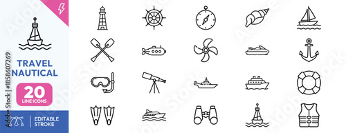 Nautical Travel Icons Set for Navigation and Ocean Activities