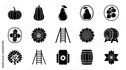 Farm tools and produce icon set