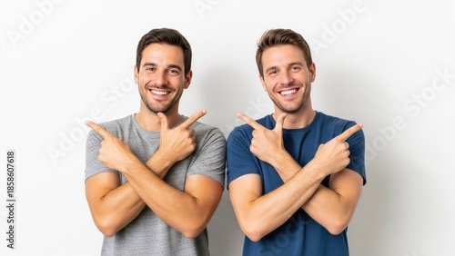 Two men pointing in opposite directions