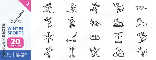 Winter sports icons set with ski, skate and hockey illustrations