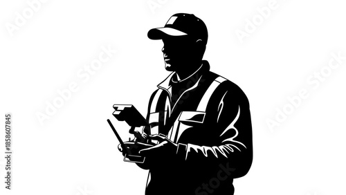 Man in silhouette operating remote control device with focused expression