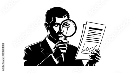 Businessman analyzing documents with magnifying glass closely