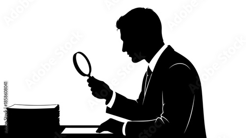 Businessman examining documents with magnifying glass closely