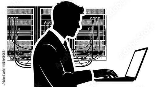Businessman working on laptop in modern server room environment