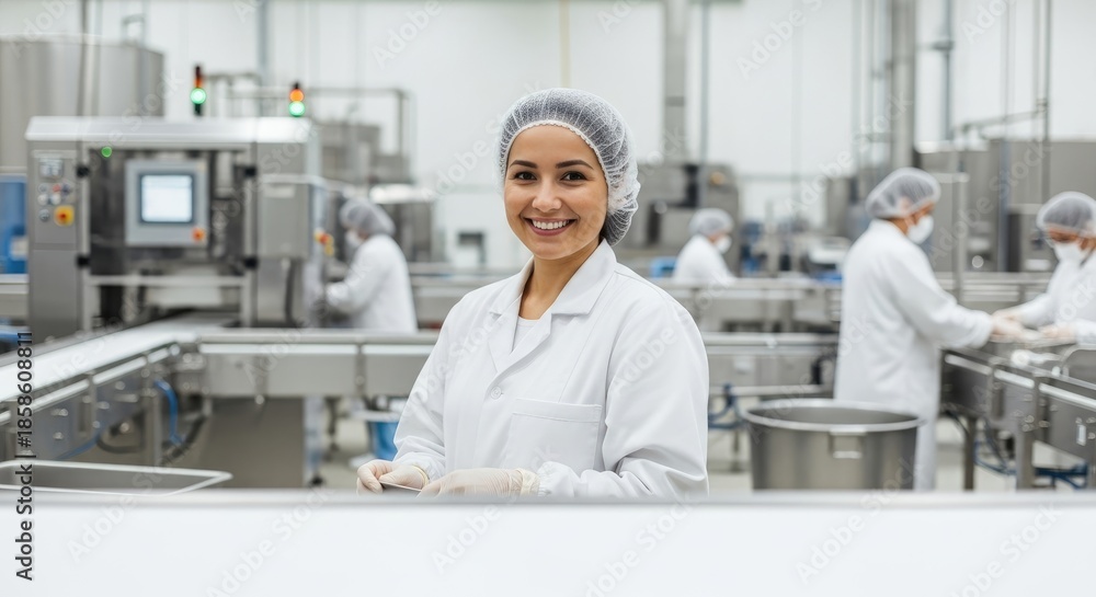 Obraz premium A woman in a white lab coat and hairnet standing in a factory with other workers in the background.