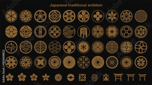A collection of traditional Japanese circular emblems and designs arranged in rows on a black background 