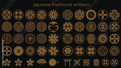 A collection of traditional Japanese circular emblems and designs arranged in rows on a black background 