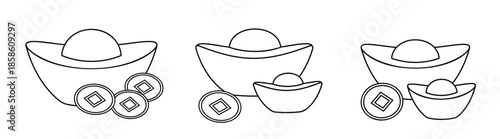 Chinese Gold Ingot Outline Illustration Set.
Yuanbao Gold Ingots Black and White Line Art.
Lucky Chinese Gold Ingots Coloring Pages and Templates.