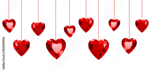 Hanging red hearts isolated on white background