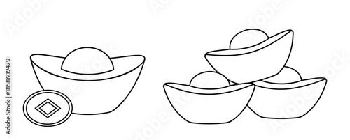 Chinese Gold Ingot Outline Illustration Set.
Yuanbao Gold Ingots Black and White Line Art.
Lucky Chinese Gold Ingots Coloring Pages and Templates.