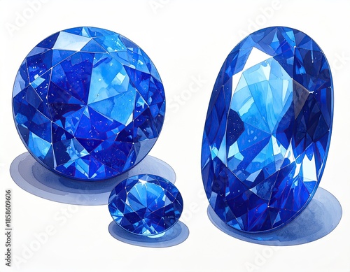 Three vibrant blue faceted gemstones, varied shapes