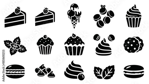 A collection of black and white icons representing various sweet desserts and treats, including cakes, cupcakes, ice cream, macarons, and berries.