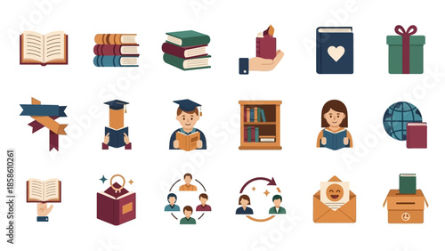 A collection of flat design icons representing books, education, and learning, including graduation caps, bookshelves, and people reading.