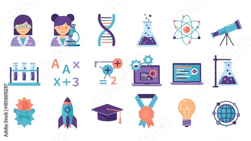 A vibrant collection of science and education-themed icons, featuring scientists, lab equipment, DNA, formulas, computers, and symbols of innovation and achievement.