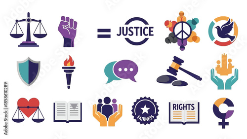 A collection of icons representing justice, equality, peace, rights, and fairness, including scales of justice, a raised fist, a gavel, and symbols of community and freedom.