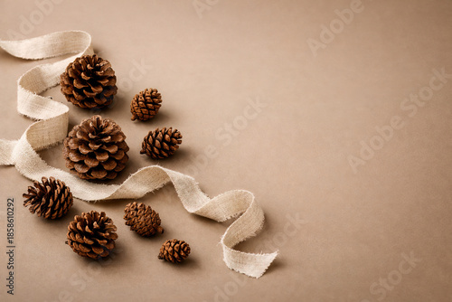 Rustic Autumn Arrangement: Pine Cones and Burlap Ribbon on Neutral Background