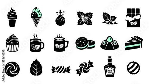 A collection of black and white icons representing various mint-flavored sweets, drinks, and ingredients.