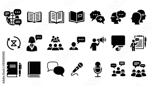 Collection of black silhouette icons representing communication, learning, discussion, and public speaking concepts.