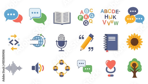 A collection of flat design icons representing communication, language, education, technology, and nature concepts.