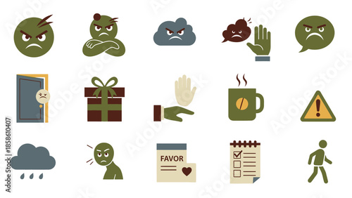 A collection of flat design icons depicting negative emotions, warnings, refusal, and various related objects and concepts.
