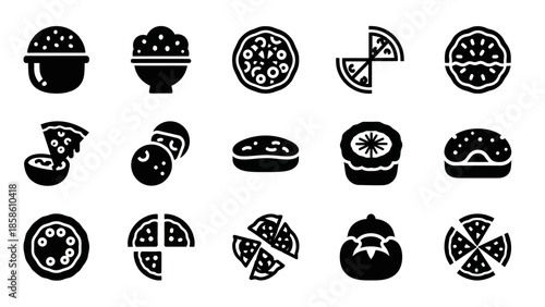 Black and white vector icons depicting various food items including pizzas, rice bowls, and desserts, suitable for menus or food-related designs.