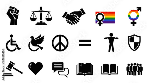 Collection of diverse black and white icons representing human rights, equality, peace, justice, and social issues.